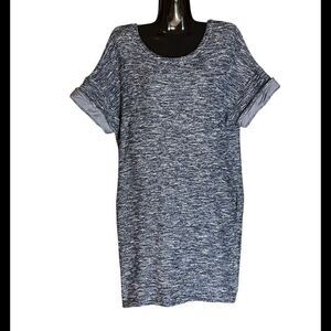 Vince Marled Tweed Blue Knit Rolled Cuff Short Sleeve Shift Dress Sz L